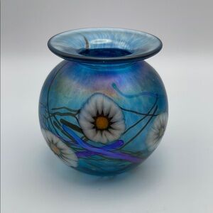 Herb A. Thomas Studio, “HAT”, Glass Bud Vase, Iridescent Teal Blue w/ Flowers
